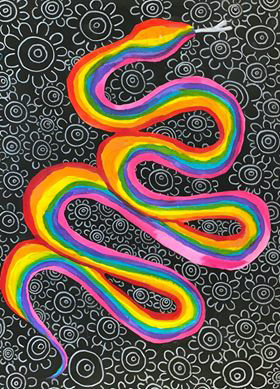 Painting of a rainbow serpent with flowers in the background
